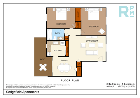 Floor plan for 2 beds, 1 bath, 931 sqft